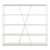 White metal shelving unit with geometric pattern and sleek lines, perfect for modern home decor.