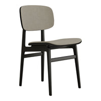 Modern chair in neutral gray fabric with sleek black wooden frame, featuring a minimalist design.