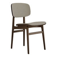 Brown wooden chair with a smooth, light grey upholstered seat and backrest, featuring a minimalist design.