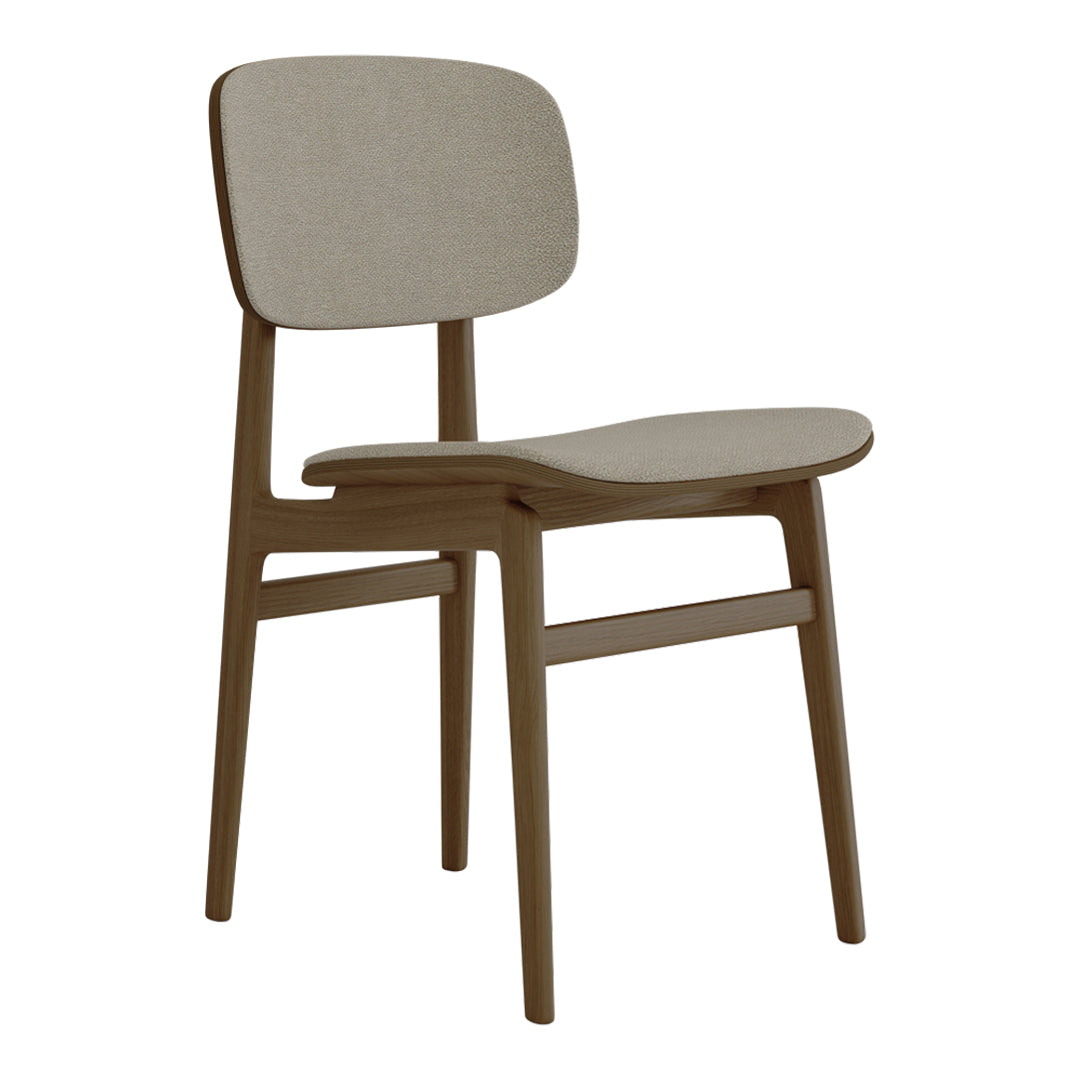 Light beige upholstered chair with a smooth, natural wood frame and minimalist design. Perfect for modern decor.