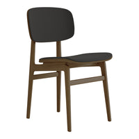 Black and brown wood chair with a minimalist design and smooth, curvy edges. Stylish and modern seating option.
