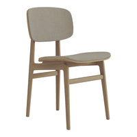 Natural wood chair with a soft beige fabric seat and backrest, featuring a minimalist design.