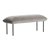 Gray velvet bench with a smooth, plush surface and sleek black metal legs, perfect for modern decor.