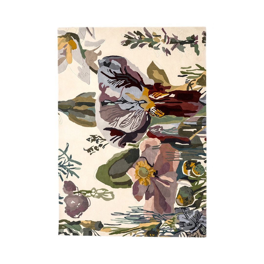 Floral area rug featuring vibrant purple, green, and beige hues with a botanical pattern. Ideal for stylish home decor.