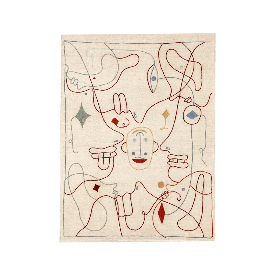 Colorful abstract area rug with cream background, red, blue, and black playful patterns. Perfect for modern decor.