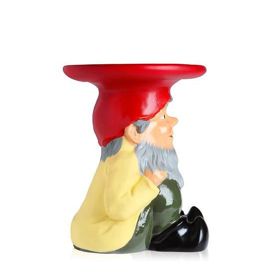 Colorful garden gnome in yellow, red, and green with a glossy finish and whimsical design, perfect for outdoor decor.