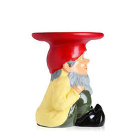 Colorful garden gnome in yellow, red, and green with a glossy finish and whimsical design, perfect for outdoor decor.