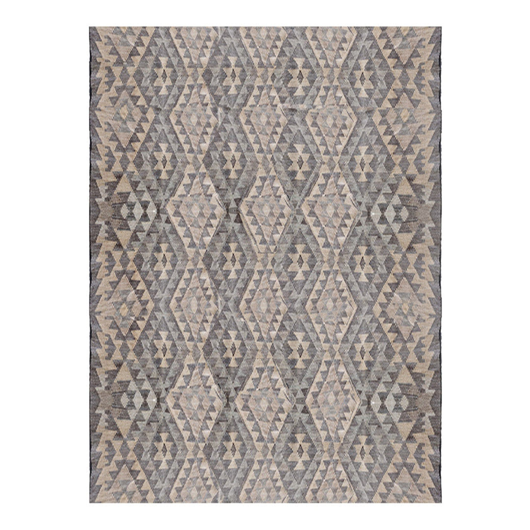 Beige and gray geometric patterned rug with diamond shapes and intricate designs. Perfect for modern decor.