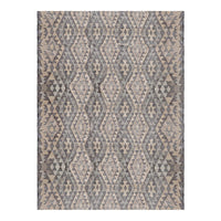 Beige and gray geometric patterned rug with diamond shapes and intricate designs. Perfect for modern decor.