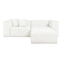 White textured sectional sofa with three matching cushions, creating a modern and cozy aesthetic.