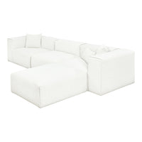 White sectional sofa with a textured fabric pattern and plush cushions, perfect for modern living spaces.