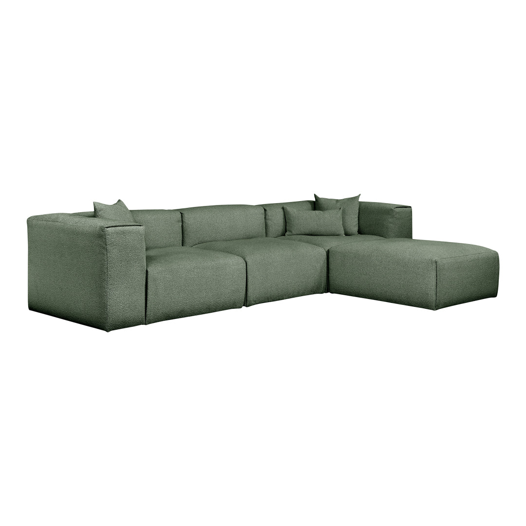 Green textured sectional sofa with plush cushions and a modern, cozy design for stylish living spaces.