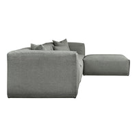 Grey textured fabric sectional sofa with modular design and coordinating cushions. Ideal for modern living spaces.