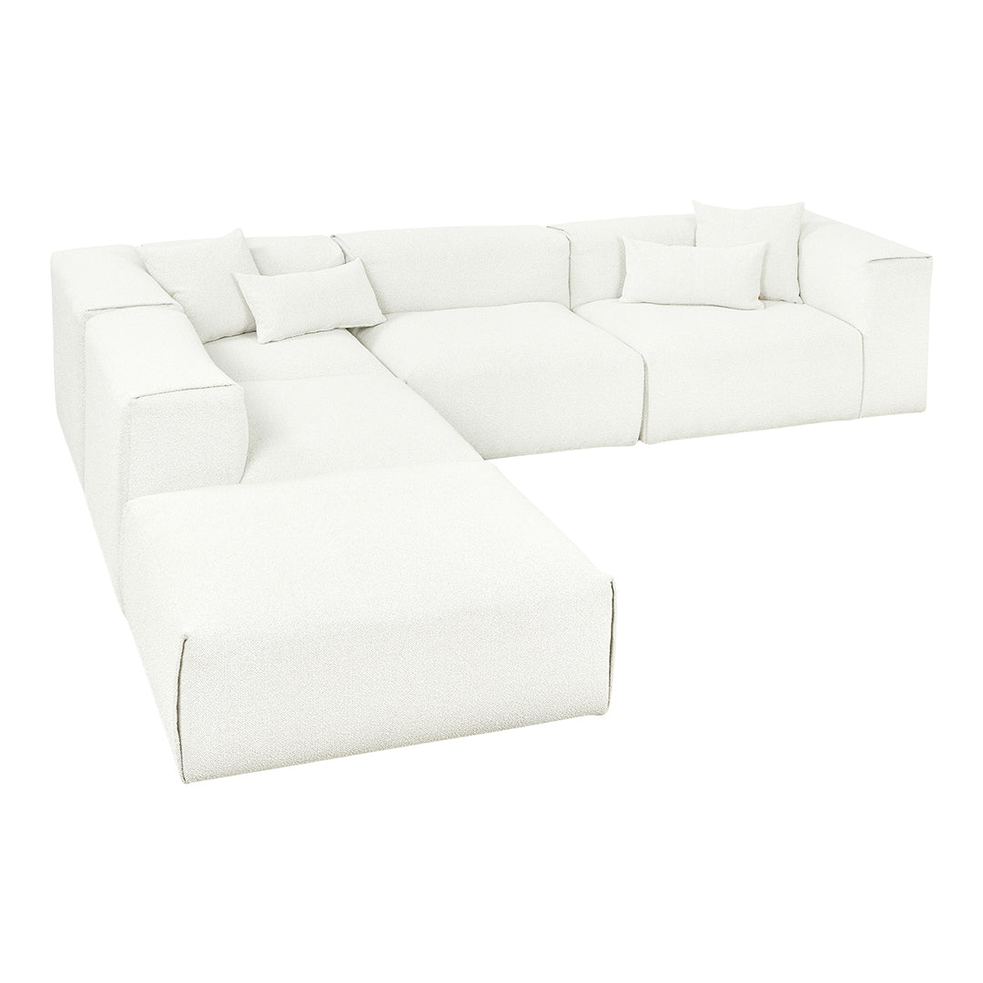 White sectional sofa with subtle textured fabric and minimalistic design, featuring plush cushions and clean lines.