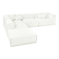 White sectional sofa with subtle textured fabric and minimalistic design, featuring plush cushions and clean lines.