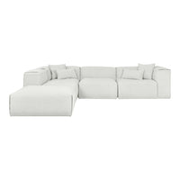 Contemporary L-shaped sofa in soft white fabric with subtle texture and plush cushions. Ideal for modern living spaces.