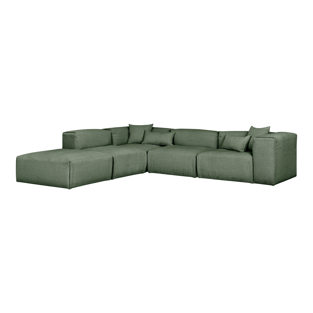 Green sectional sofa with a textured fabric and multiple plush cushions for added comfort and style.