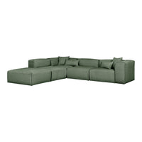 Green sectional sofa with a textured fabric and multiple plush cushions for added comfort and style.