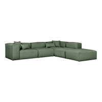 Green modular sofa with simple, modern design and plush cushions. Ideal for stylish and comfortable living spaces.
