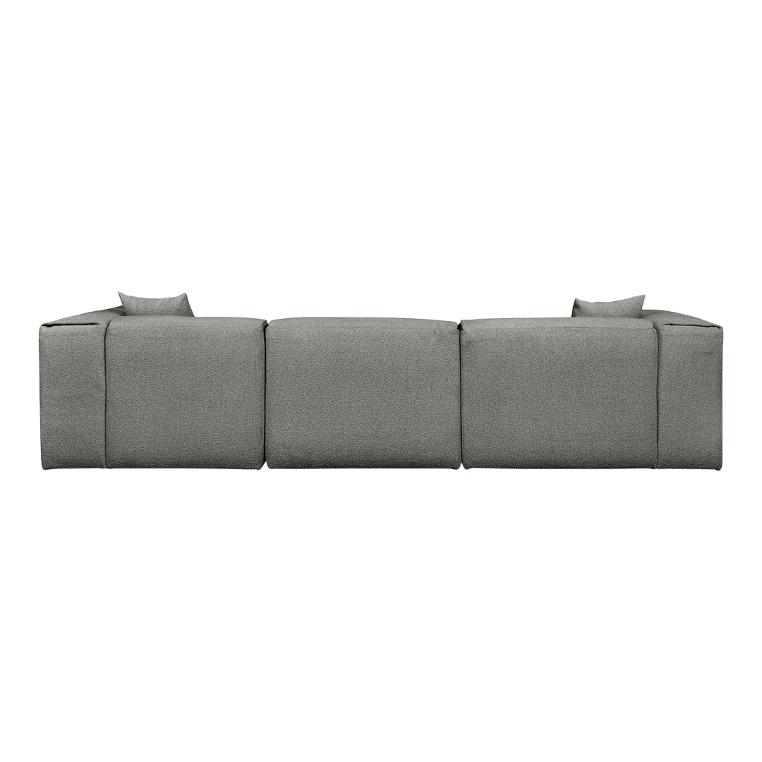 Gray modular sofa with a textured fabric pattern, featuring clean lines and soft, minimalistic design.