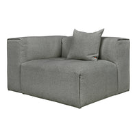 "Contemporary grey corner sofa with subtle textured pattern and a matching accent pillow."