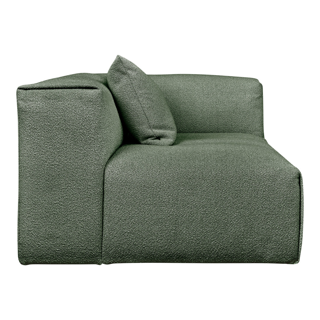 Green textured fabric sofa with a contemporary design and matching throw pillow. Ideal for modern interiors.