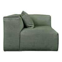 Green textured fabric sofa with a contemporary design and matching throw pillow. Ideal for modern interiors.