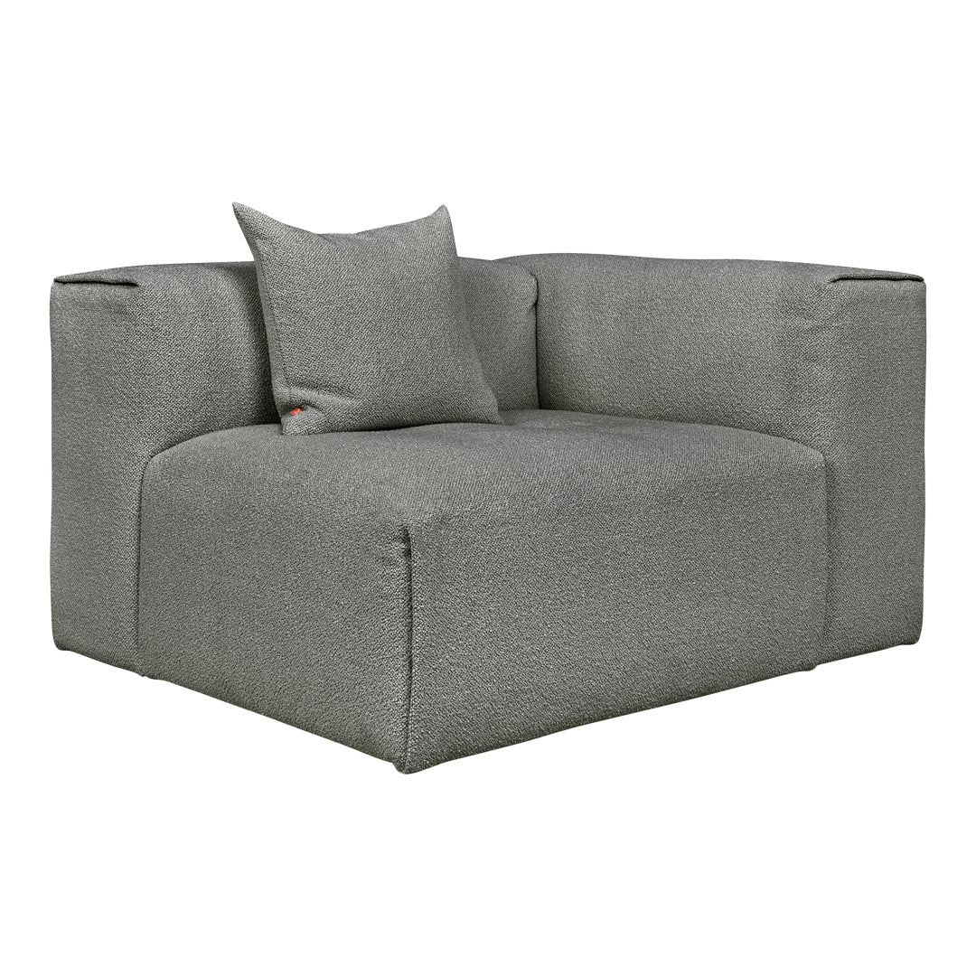 Gray upholstered corner sofa with textured fabric and a matching pillow. Modern and stylish design elements.