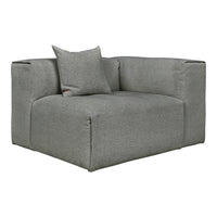 Gray upholstered corner sofa with textured fabric and a matching pillow. Modern and stylish design elements.