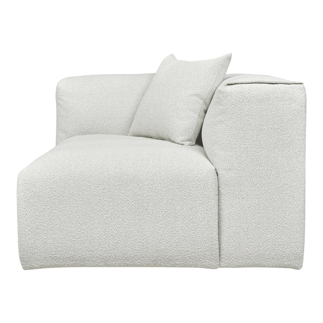 Light gray textured sofa with subtle patterned fabric and a cozy accent pillow.