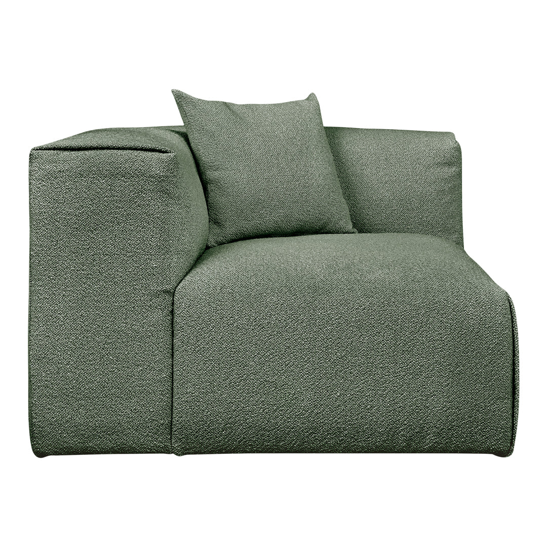 Green textured fabric chaise lounge with matching accent pillow, featuring a subtle pattern for added depth.