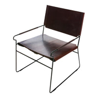 Brown leather chair with a minimalist design, featuring a sleek metal frame and smooth, solid pattern.