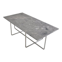 Gray marble tabletop with subtle white veining, supported by a minimalist silver metal frame.