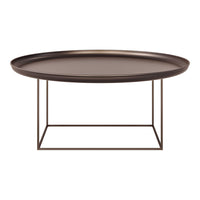 Round coffee table with a sleek bronze finish and minimalistic geometric base. Elegant and modern design.