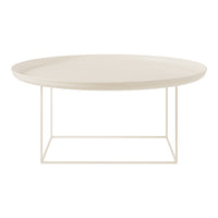 Cream-colored round coffee table with a minimalist white metal base. No patterns, sleek and modern design.