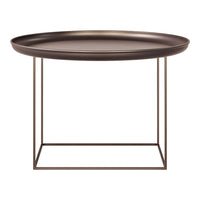 Round metallic tray table in deep bronze finish with a sleek geometric base. Smooth surface and minimalist design.