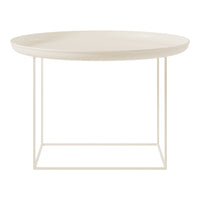 Round cream coffee table with a smooth surface and minimalist white metal frame. Stylish and modern design.
