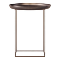Round bronze tray table with a sleek metallic finish and a minimalist gold metal frame. Ideal for contemporary decor.