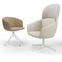 Beige and cream upholstered chairs with smooth, modern patterns and white metal bases. Stylish and contemporary design.