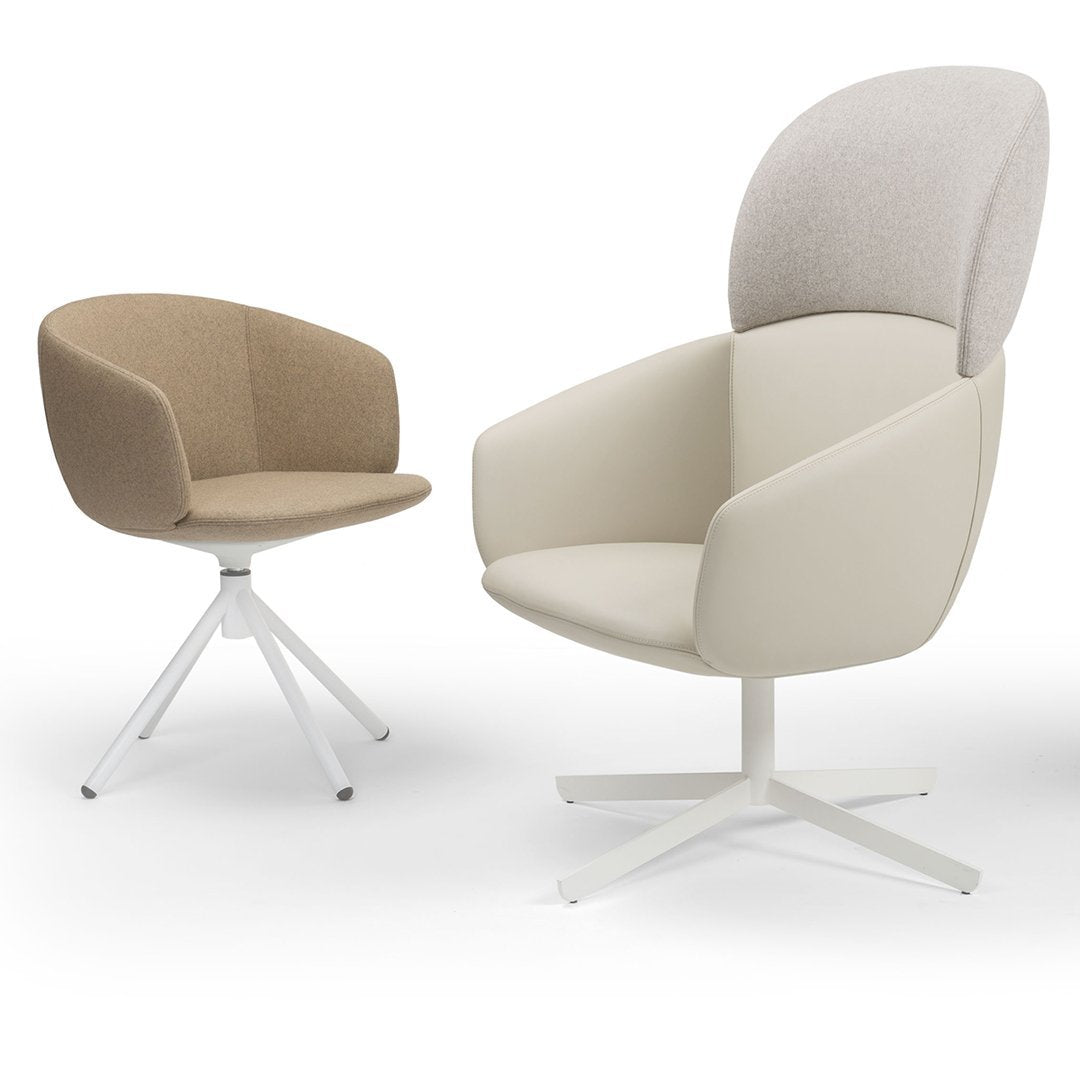 Elegant beige and cream swivel chairs with soft curves and contrasting textures on a clean white base.