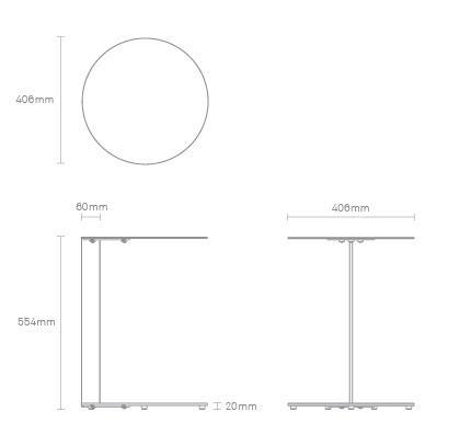 "Round table design with a sleek, minimalist pattern; dimensions highlighted in monochrome."
