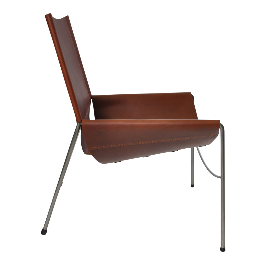 Stylish brown leather chair with sleek silver metal legs, featuring a minimalist design. Perfect for modern interiors.
