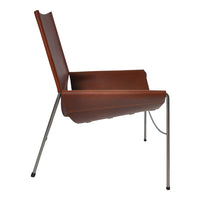 Stylish brown leather chair with sleek silver metal legs, featuring a minimalist design. Perfect for modern interiors.