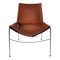 Brown leather chair with a sleek design, featuring a minimalist black stainless steel frame.