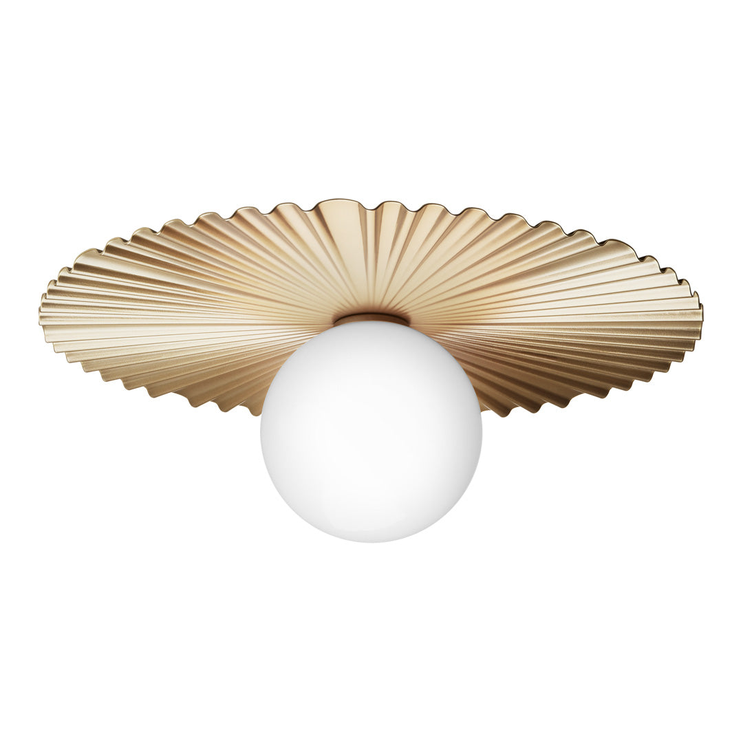 Elegant gold fan-shaped ceiling light with a smooth white globe in the center. Perfect for modern decor.
