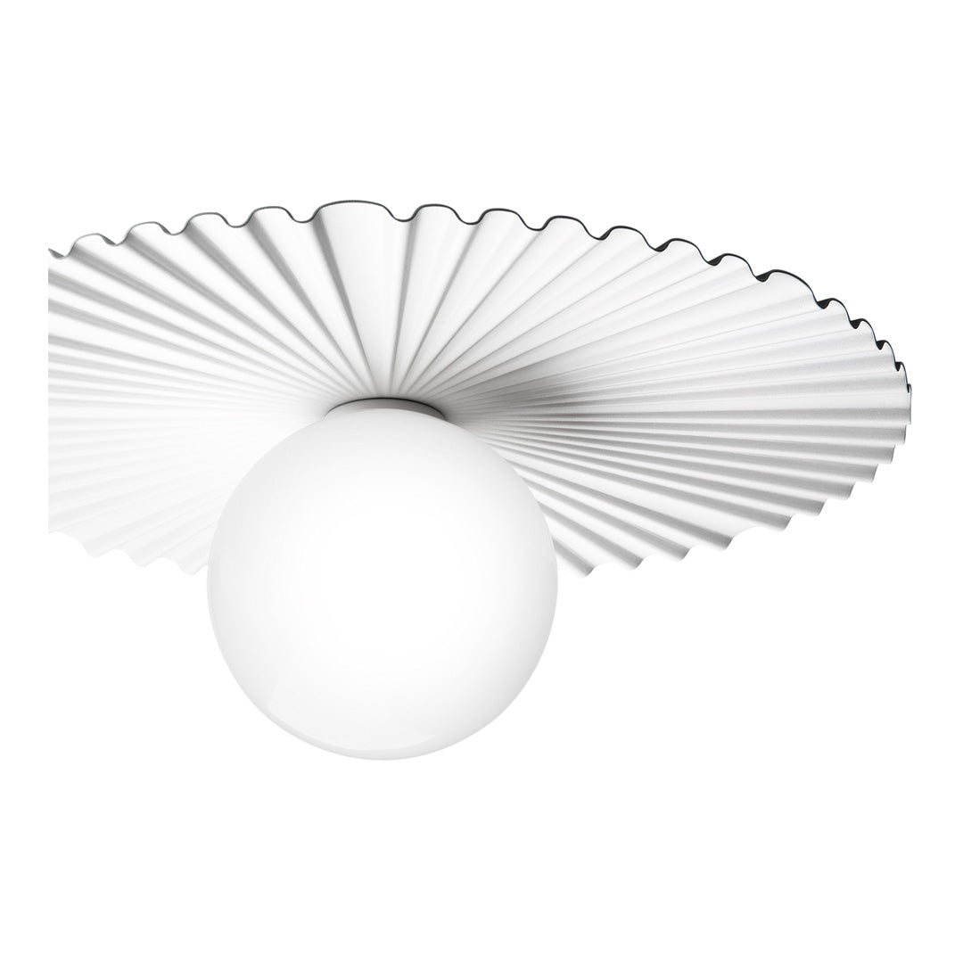 White pleated lampshade with a circular design and a glossy white globe light.