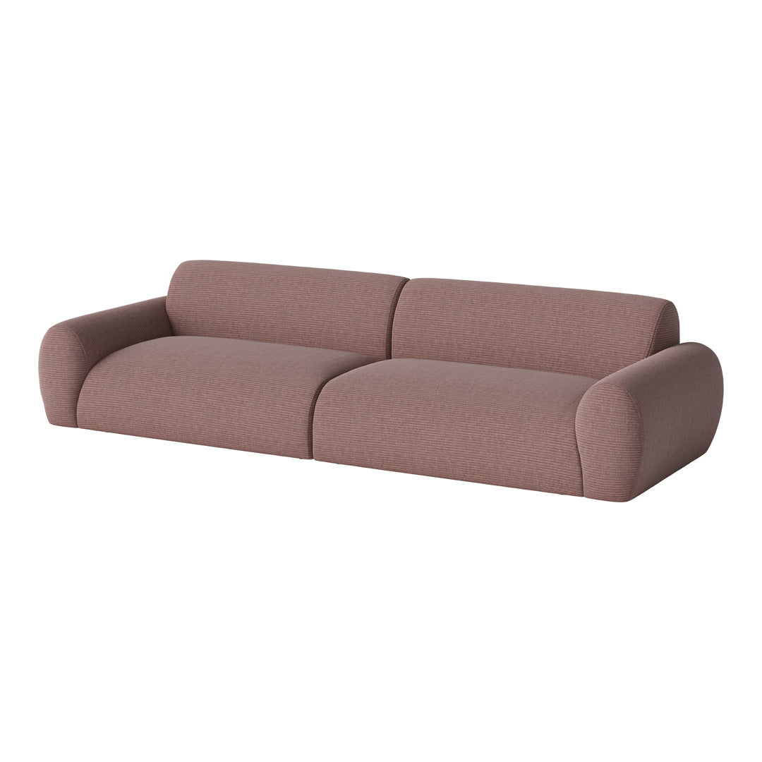 Modern two-seater sofa in soft pink fabric with subtle textured stripes for a stylish touch.