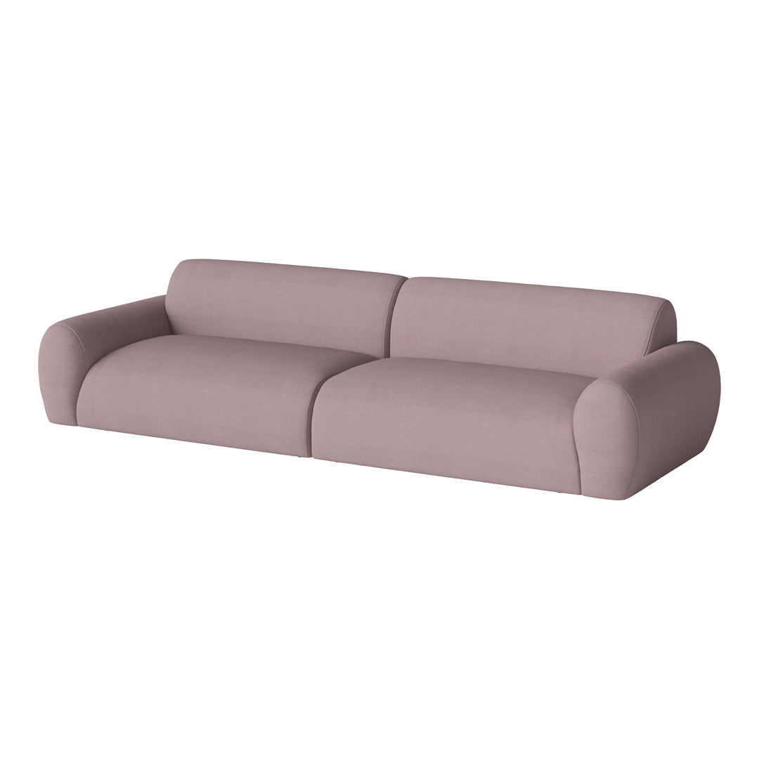 Soft mauve two-seater sofa with smooth fabric and rounded edges, perfect for modern living spaces.