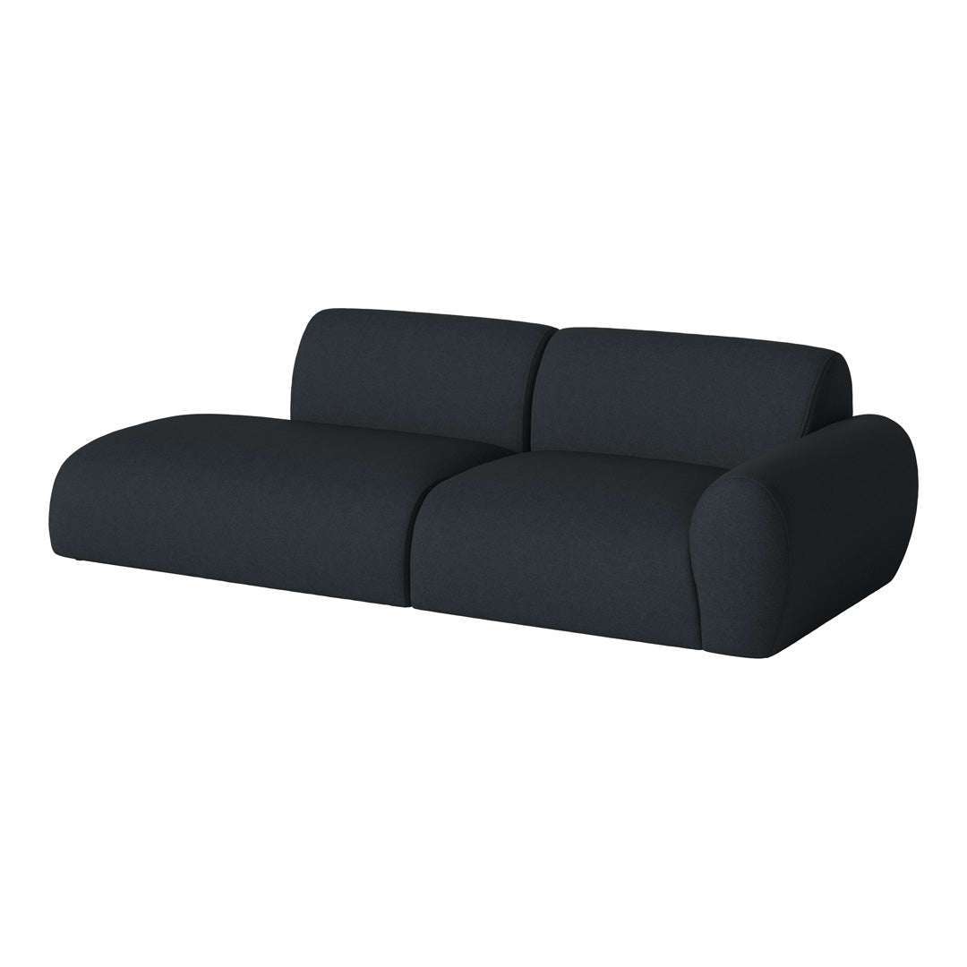 Black minimalist sofa with smooth, rounded edges and a sleek upholstery finish. Perfect for modern decor.