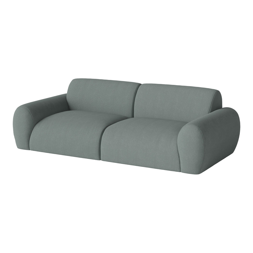 Soft gray two-seater sofa with rounded arms and modern upholstery, perfect for contemporary living spaces.